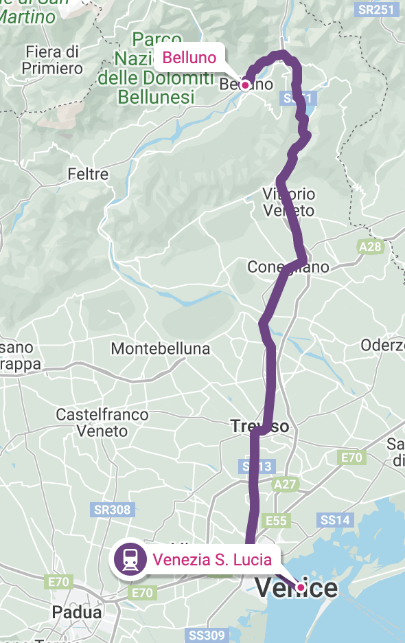 Train route from Venice to Belluno