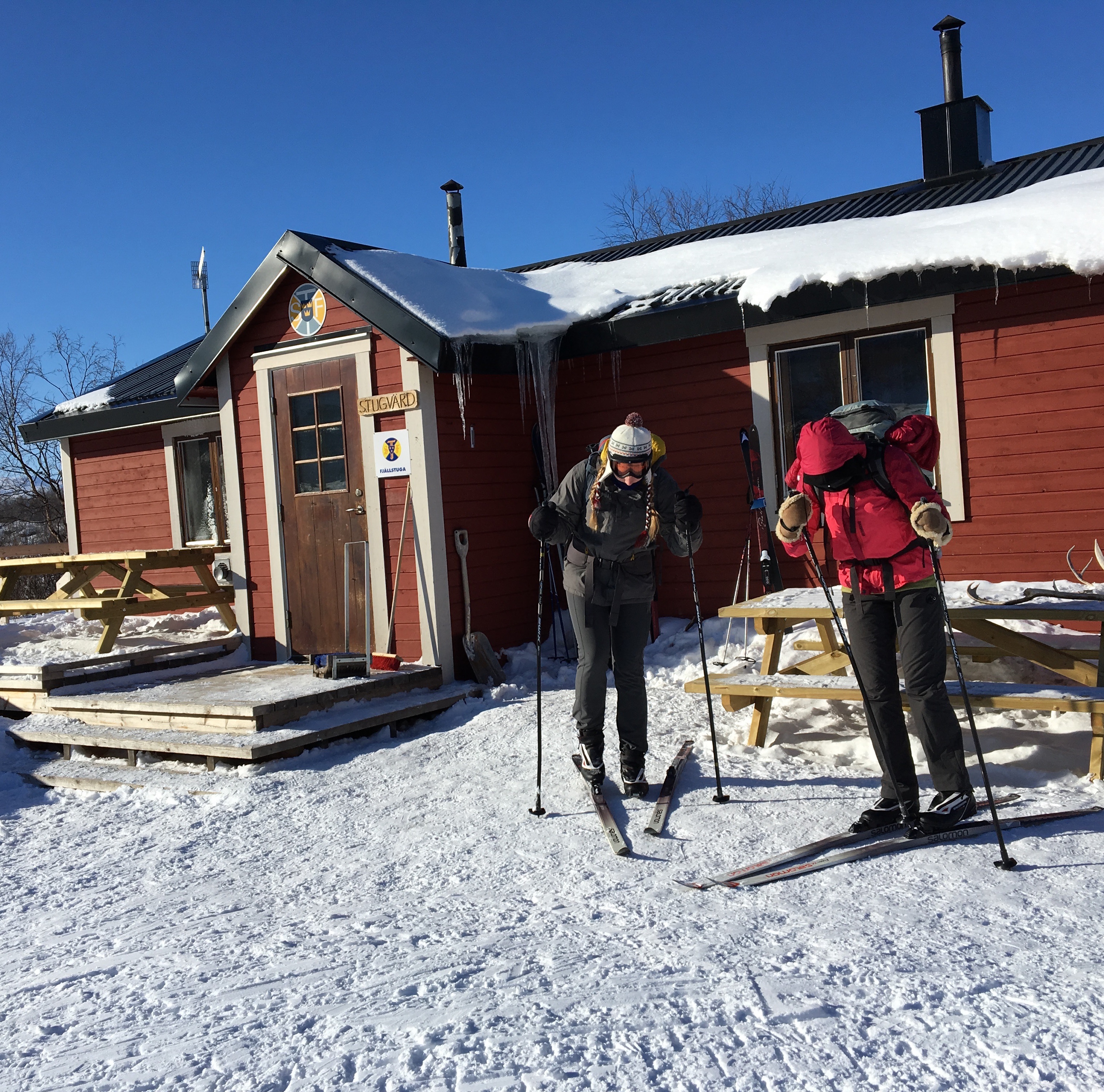 Putting on skis outside Abiskojaure hut